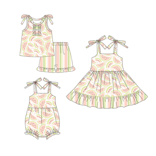 4.18 custom each style moq 5eta 4-6week Sibling Sisters watermelon baby girl short sleeve shorts sets and dress and rompers match family design