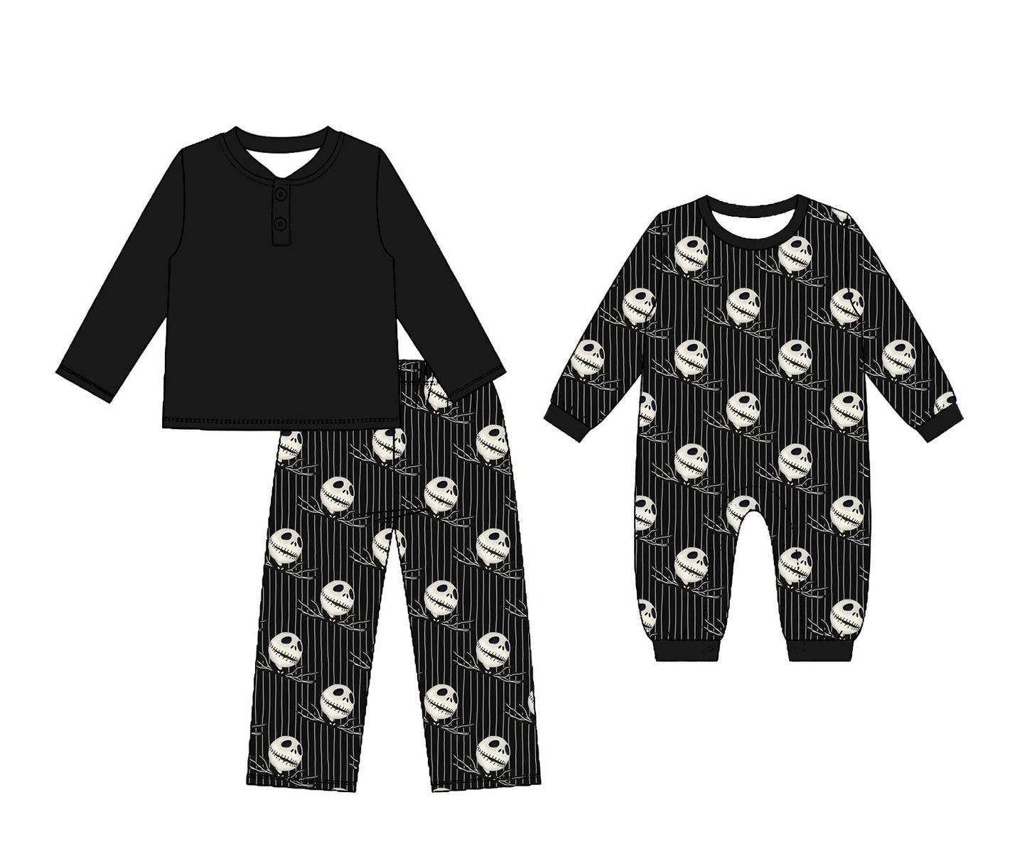 (Preorder new) No moq Baby Boys Halloween Ghost Print Black Button Front Long Sleeve Top Matching Striped Pants Casual Clothes Set Long Sleeve Romper