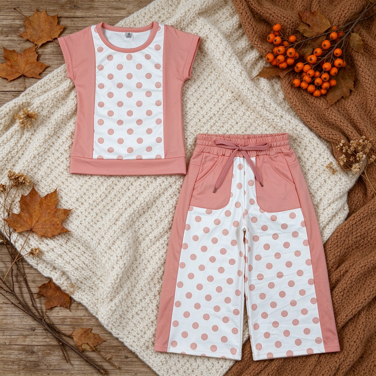 NEW RTS NO MOQ yoga fabric GSPO2333 Baby Girls Peach Polka Dots Top Pockets Flare Pant Clothes Sets