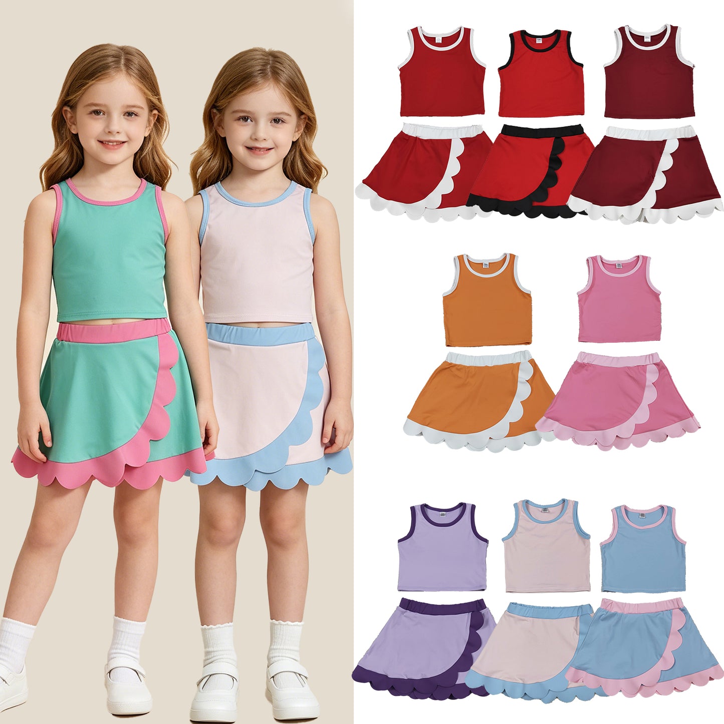 RTS NO MOQ Sibling yoga fabric cotton Baby Girls Solid Color Summer Sleeveless Top Scallop Skirt Short Casual Sports Outfit Set