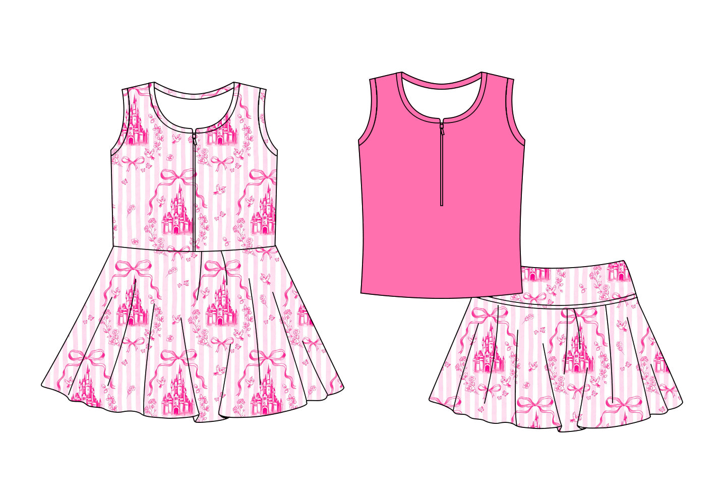 Custom moq 5 mix size Sibling Pink stripe Baby Girls' Sleeveless Zipper Yoga Set Skirt Top Set Cute Zipper Yoga Dress for Little Girls