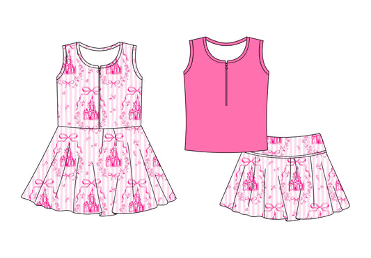 Custom moq 5 mix size Sibling Pink stripe Baby Girls' Sleeveless Zipper Yoga Set Skirt Top Set Cute Zipper Yoga Dress for Little Girls