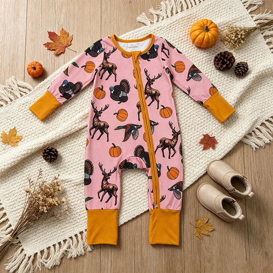 NEW RTS NO MOQ milk silk LR3252 Baby Girls Cute Pumpkins Turkey Ducks Deer Long Sleeve Thanksgivings Two Way Zip Convertible Rompers