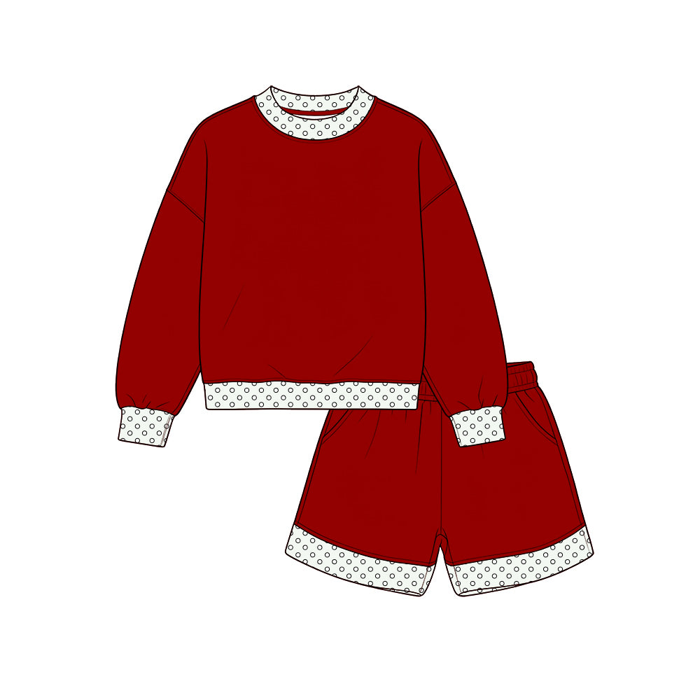 Custom moq 5 cotton fabric girls sets Red and white long-sleeve top and shorts set blank offer custom logo sets