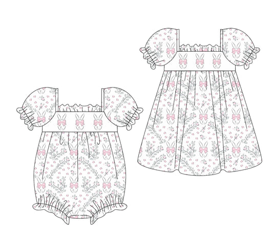 25.9.17 custom each style moq 8 eta 6-8week Sibling Sisters bunny florals baby girl short sleeve dress and rompers match family design