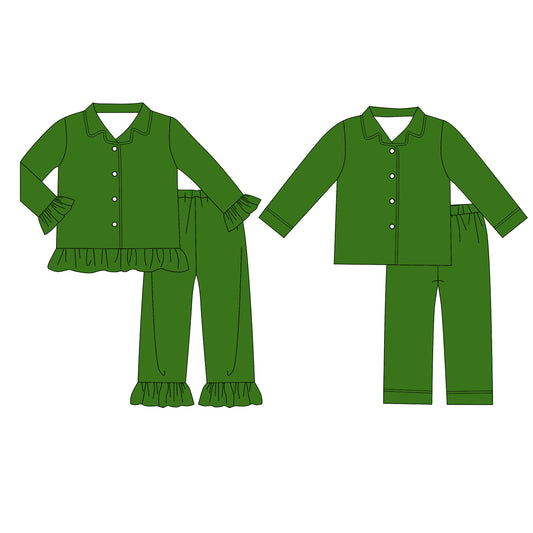 custom moq 5 mix size Baby Boys And Girls Dark Green Long Sleeve Collared Button Down Pant Pajama Set