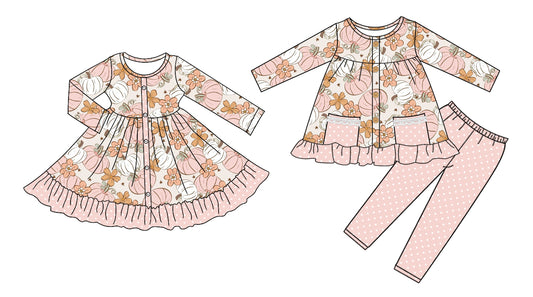 25.6.3 custom each style moq 5eta 4-6week Sibling Sisters pumpkin floral baby girl long sleeve pants sets and dress match family design