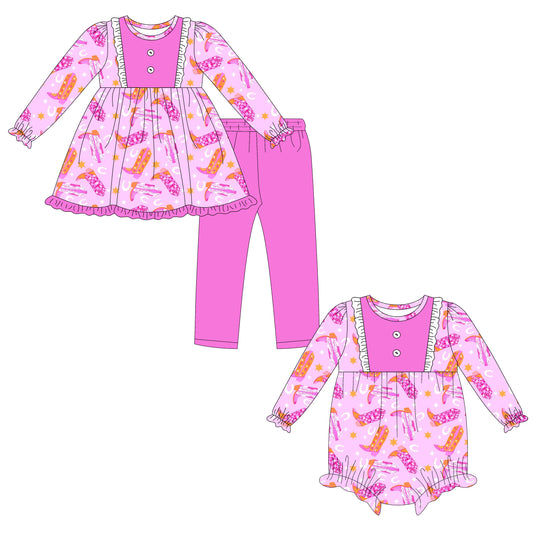 25.6.25 custom each style moq 5eta 4-6week Sibling Sisters boots baby girl long sleeve pants sets and rompers match family design