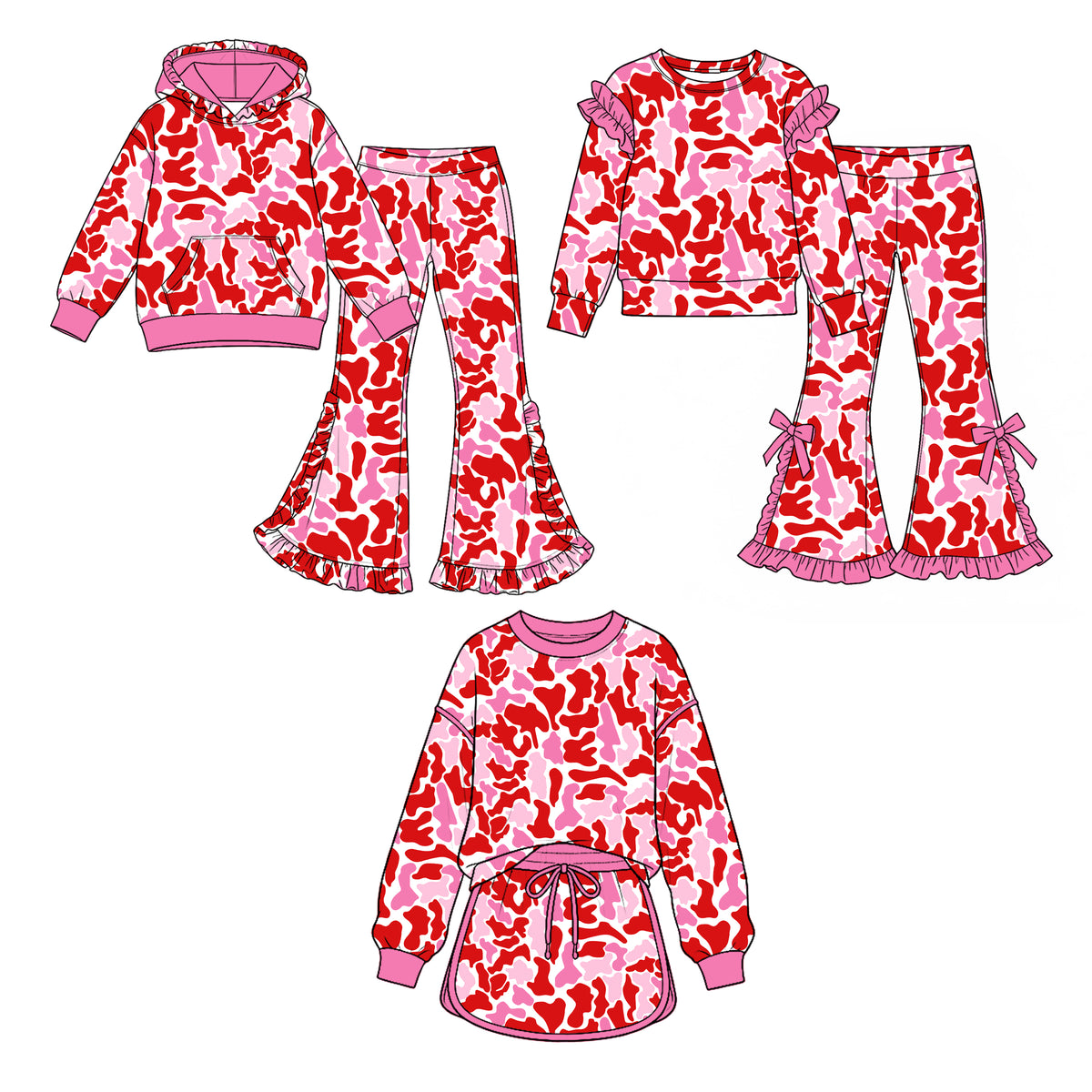 (Preorder new) No moq Baby Girls Valentines Heart Camo Print Outfit Set Red Pink Heart Camouflage Hoodie Ruffle Flare Pants Ruffle Sleeve Top Skirt Matching Valentines Clothes