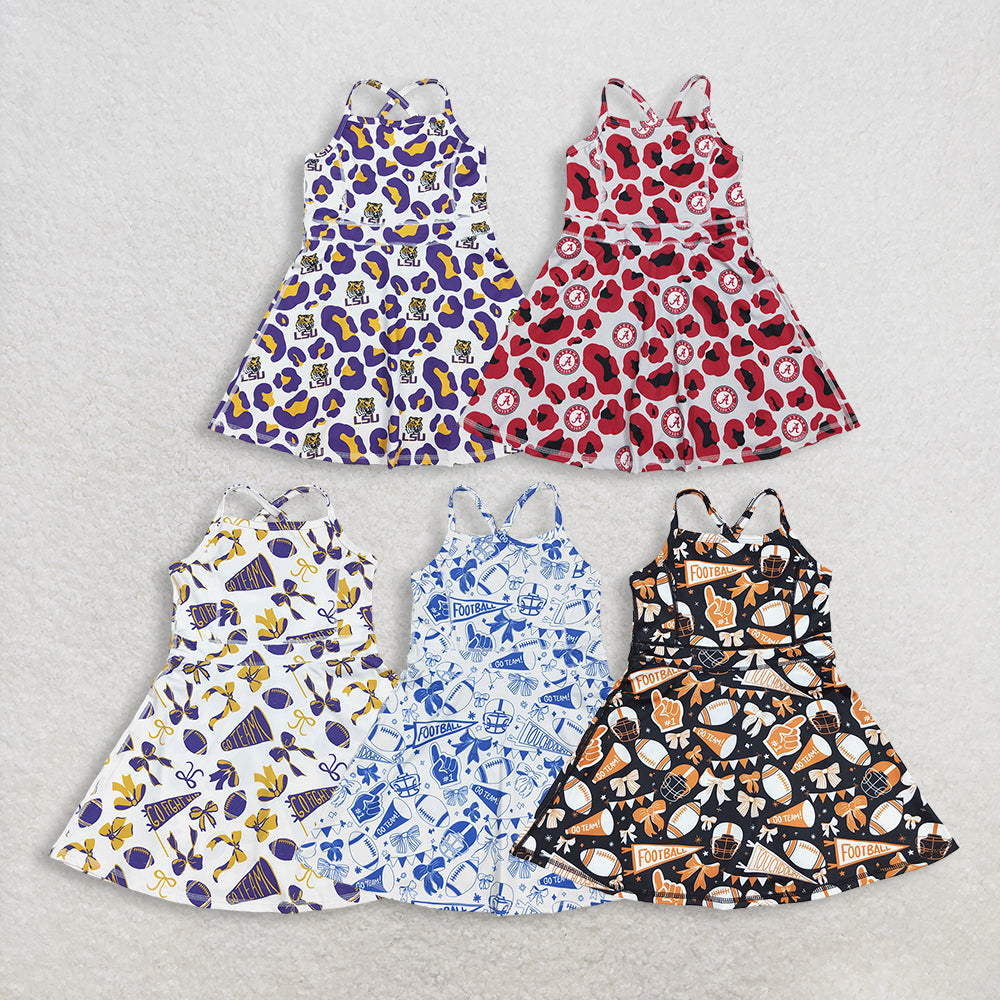 RTS NO MOQ Sibling Baby Girls Knee-Length Dress with Strap Bows And Footballs Active Yoga Shorts Teamwear