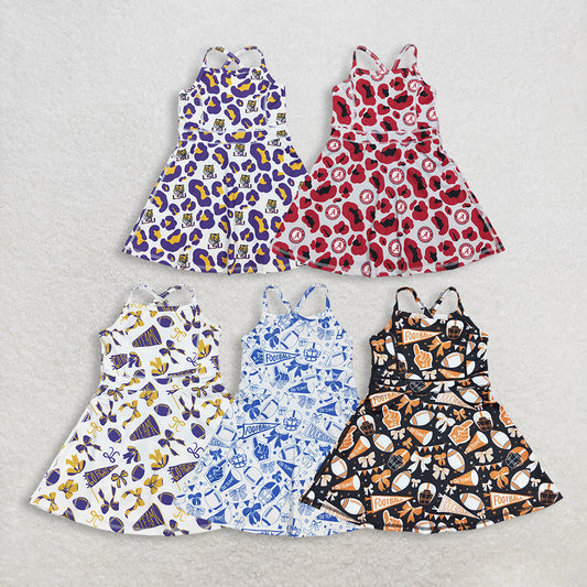 RTS NO MOQ Sibling Baby Girls Knee-Length Dress with Strap Bows And Footballs Active Yoga Shorts Teamwear