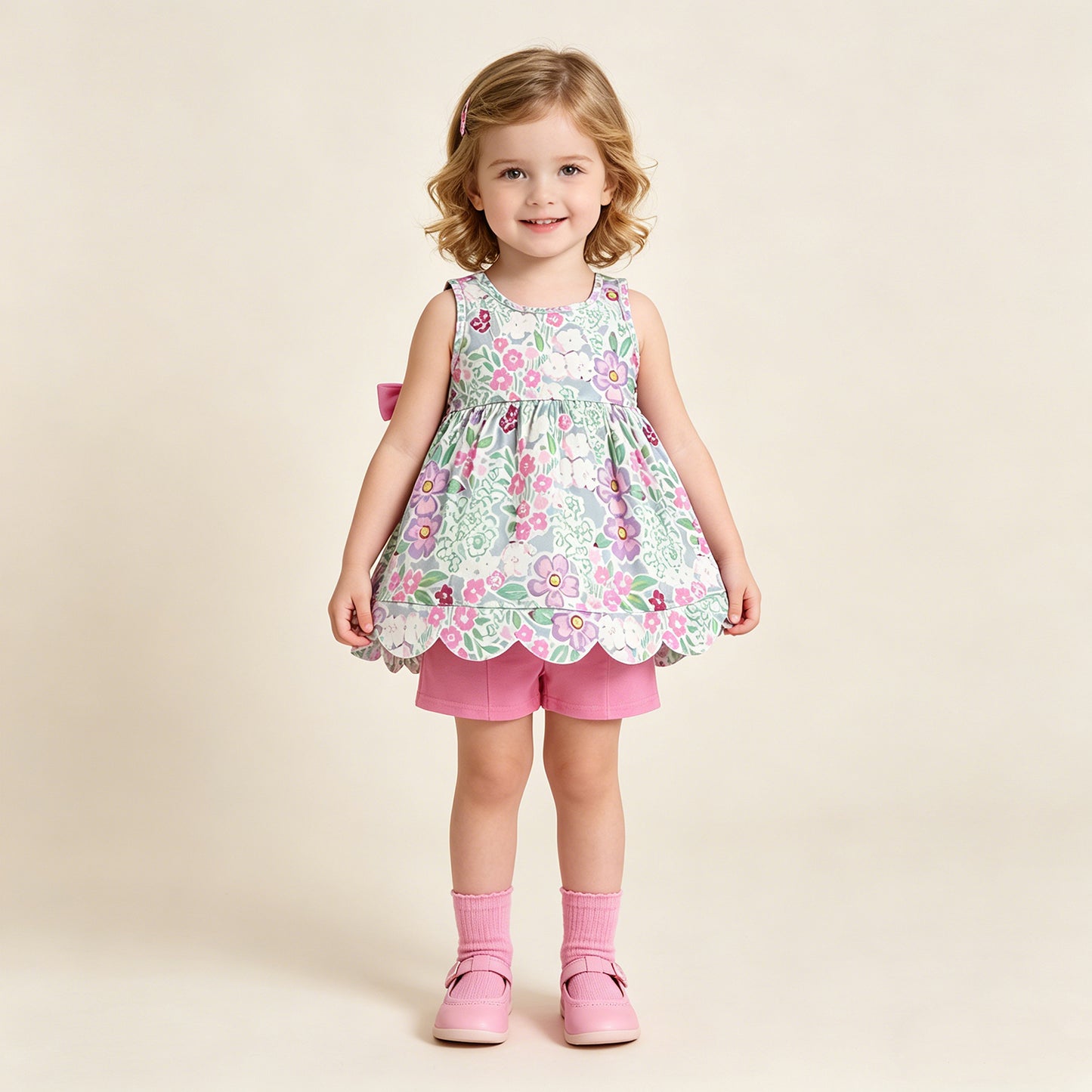 RTS NO MOQ milk silk GSSO3385 Baby Girls Sleeveless Colorful Flowers Scallop Loose Tunic Shorts Set