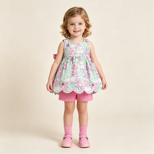 RTS NO MOQ milk silk GSSO3385 Baby Girls Sleeveless Colorful Flowers Scallop Loose Tunic Shorts Set
