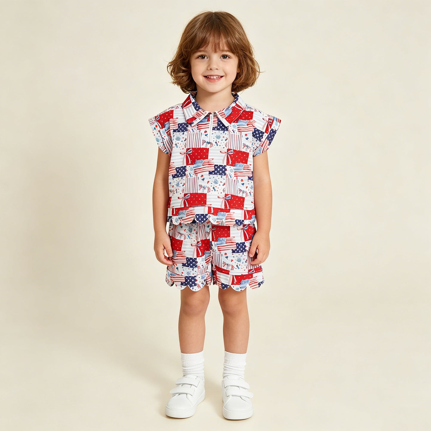 RTS NO MOQ milk silk GSSO3599 Baby Girls Bows Flags Checked Zip Top Short 4th of July Scallop Clothes Sets