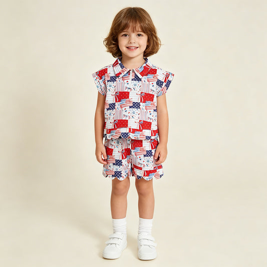 RTS NO MOQ milk silk GSSO3599 Baby Girls Bows Flags Checked Zip Top Short 4th of July Scallop Clothes Sets