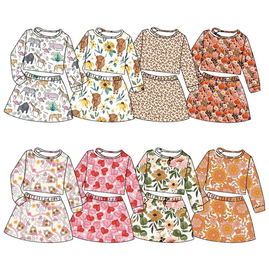 Custom moq 5 each style eta 6-7weeks baby girls summer long sleeve skirts shorts sets -25.7.25