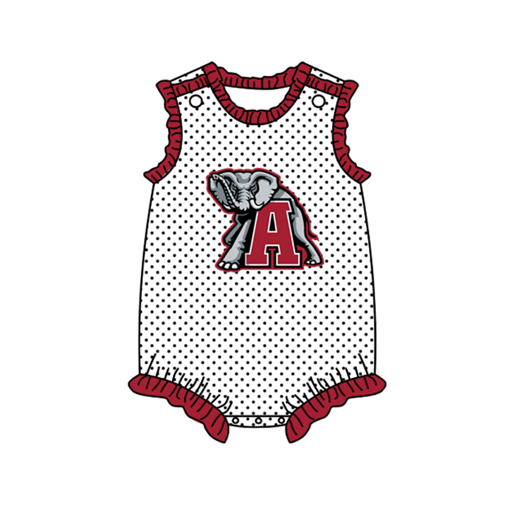 Deadline  September 30 custom no moq eta 6-8weeks Wild Elephant Letter A Pattern-Red Polka Dot Ruffled Petal Edge Short Climbing Dress