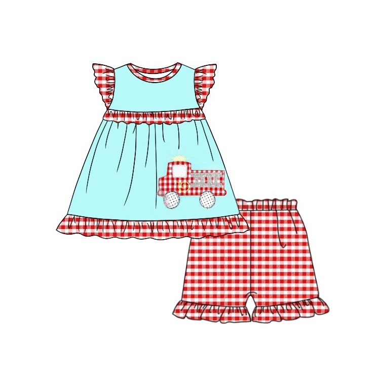 Deadline October 2  custom no moq eta 6-8weeks Red Plaid Truck Pattern Lake Green Fly Sleeve Top - Red Plaid Shorts