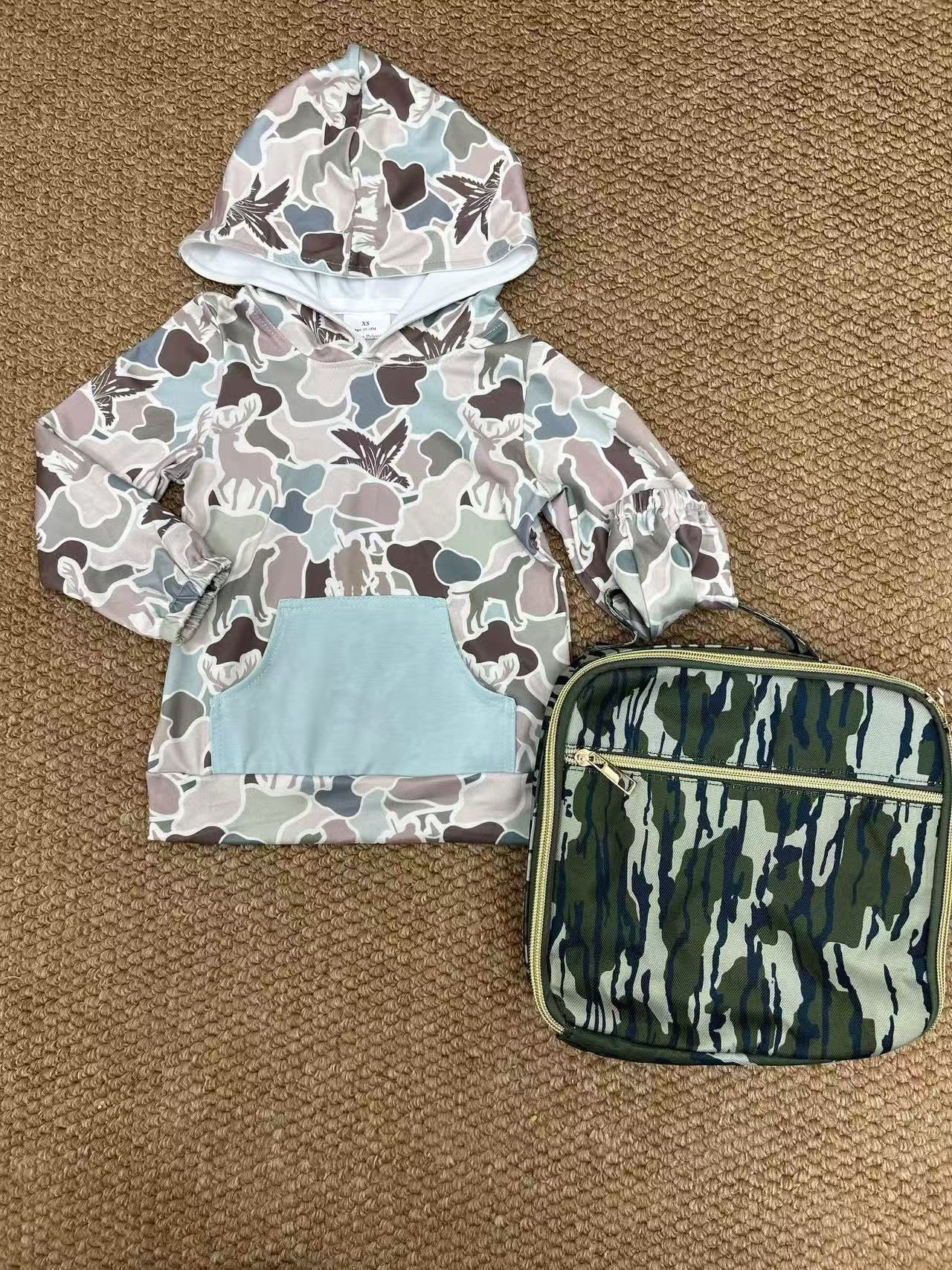 RTS NO MOQ Sibling baby boys clothes camouflage hooded top and lunch box