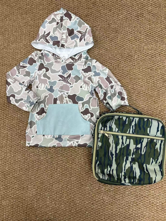 RTS NO MOQ Sibling baby boys clothes camouflage hooded top and lunch box