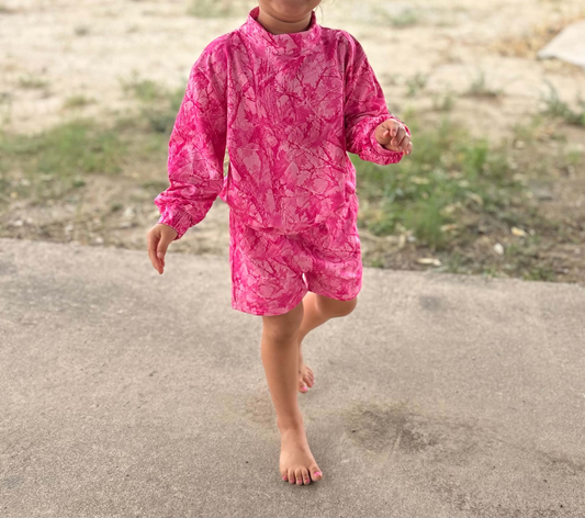 NEW RTS NO MOQ milk silk GLS0196（GT1823+SS0993）Baby Girls Pink Leaf Camo Print Crew Neck Long Sleeve Top With Pockets Casual Shorts Summer Daily Set