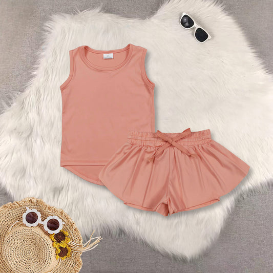 RTS NO MOQ baby girls clothes yoga sleeveless short sets and Top and shorts