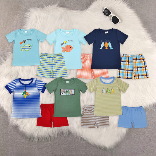 Baby Boys Blue Stripes Sibling Embroidery Summer Clothes Sets