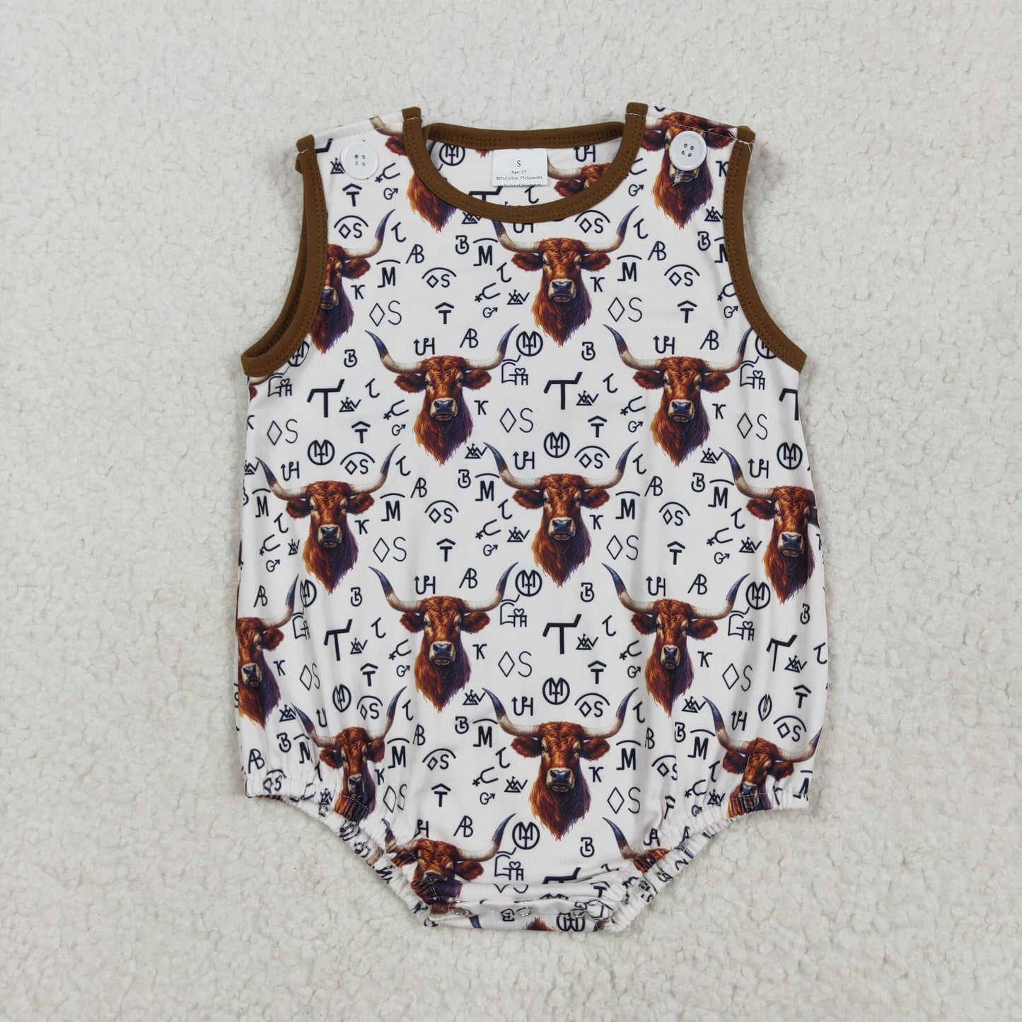 RTS NO MOQ SR2699 Beige vest bodysuit with geometric pattern of mountain bull head and letters