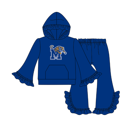 Custom moq 5 mix size milk silk summer teams baby girls clothe lace blue hooded long sleeve pants sets