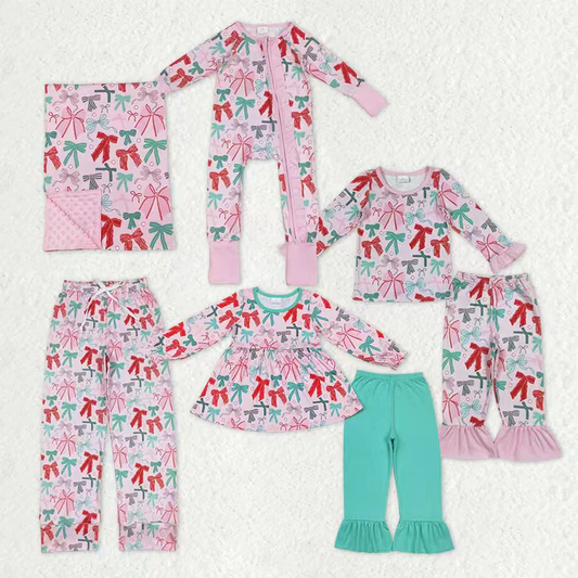 RTS NO MOQ Sibling Baby girl clothes bow long-sleeved trousers suit & romper and blanket and adult pants