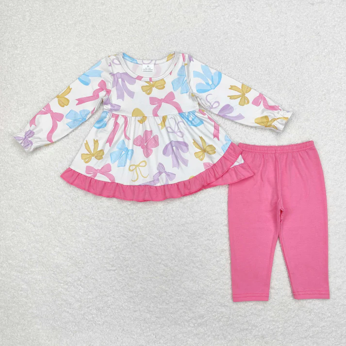 RTS NO MOQ Sibling baby girl clothes floral bow long sleeve pants Sets