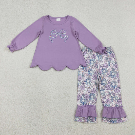 RTS NO MOQ（In Stock) GLP3019 Embroidered Flower and Bow Pattern Purple Long-Sleeve and Pants Set