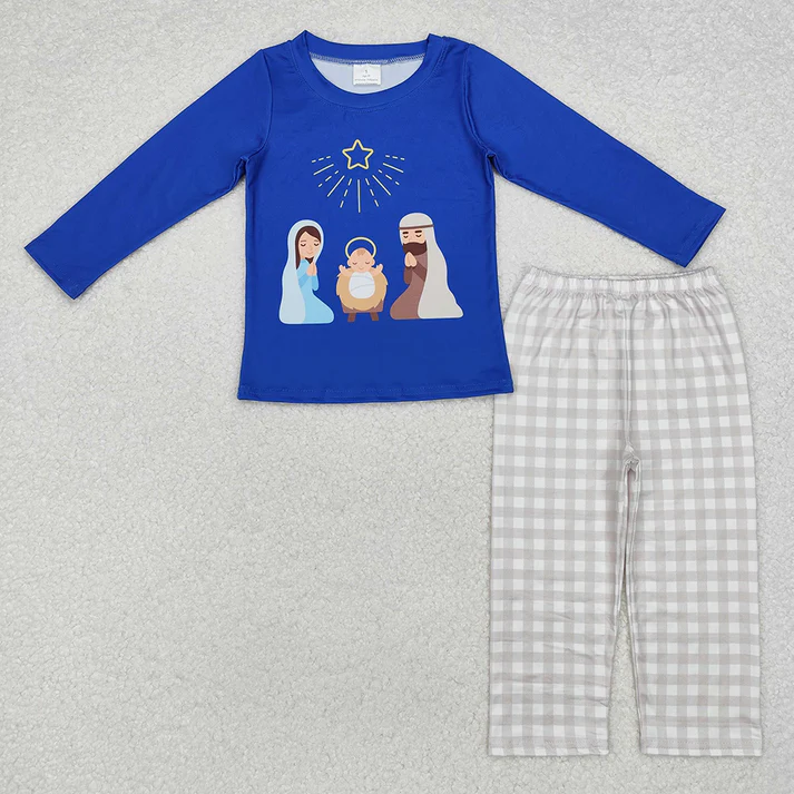 RTS NO MOQ Baby Girls Jesus blue long sleeve Clothes Sets