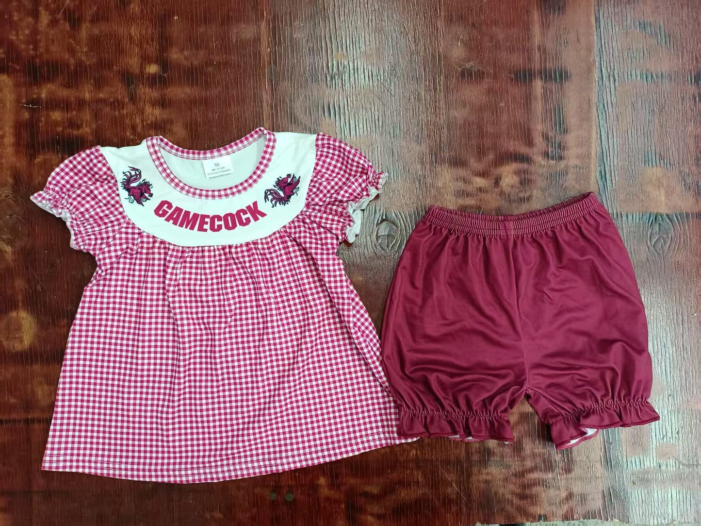 Custom moq 3 eta 6-7weeks baby girls clothes team brick red short sleeve shorts sets
