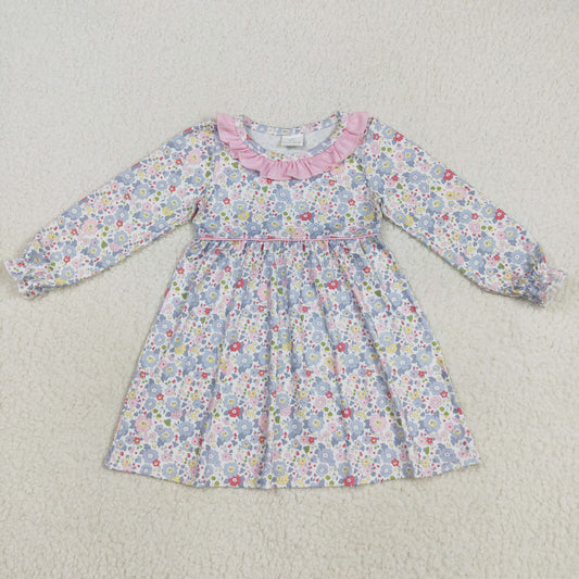 RTS NO MOQ（In Stock) GLD1120 Blue floral and pink lace long-sleeved dress