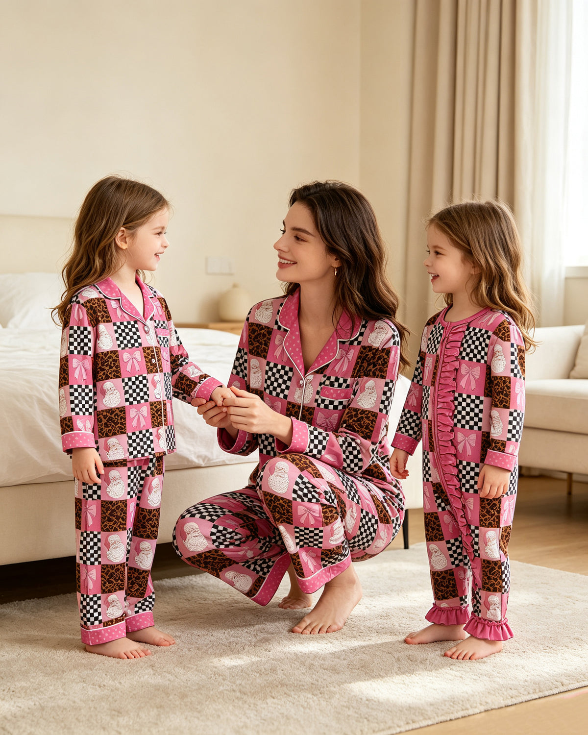 (Preorder new) No moq Adult To Match Kids Bows Santa Checked Pocket Button Top Pant Christmas Pajamas Sets Rompers Sleep Gown