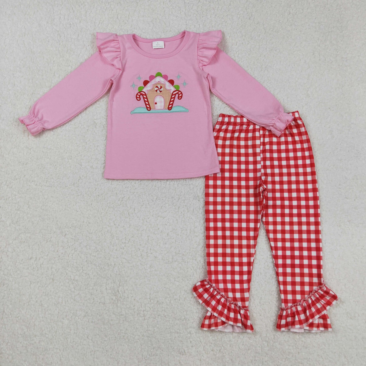 RTS NO MOQ（In Stock) GLP2523 Embroidered Christmas Candy Cane House Pink Long-Sleeve Red Plaid Pantsuit