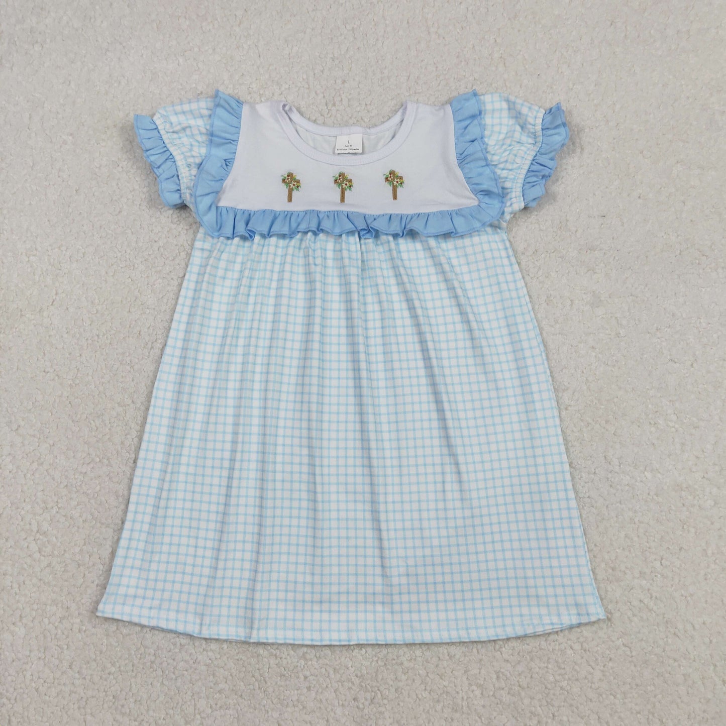 RTS NO MOQ（In Stock ) Embroidered Easter Cross Flower Blue Lace Plaid Short-Sleeve Dress