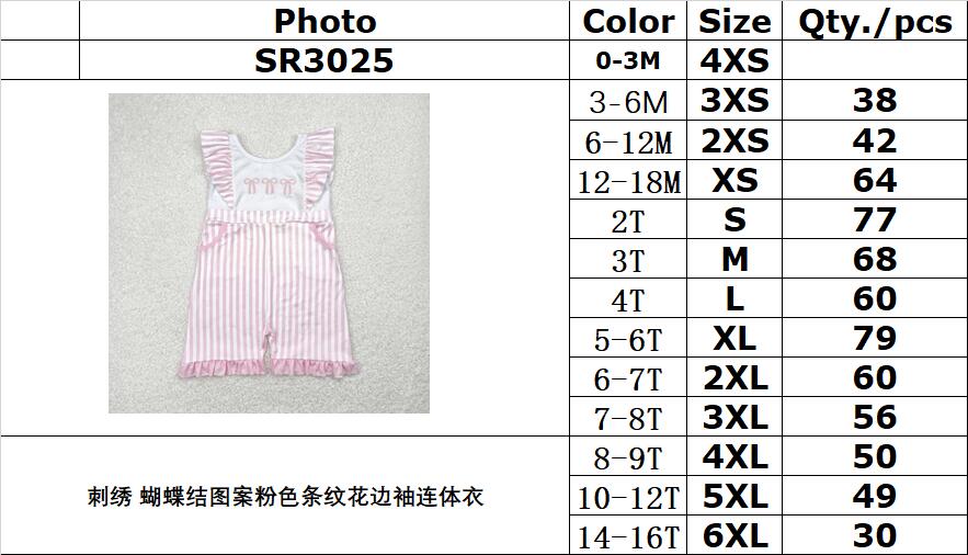 RTS NO MOQ SR3025 Pink striped lace sleeve jumpsuit with embroidered bow pattern