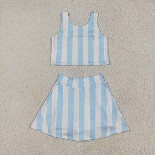 RTS NO MOQ（In Stock ) GSD2433 Light blue striped sleeveless pants skirt yoga suit