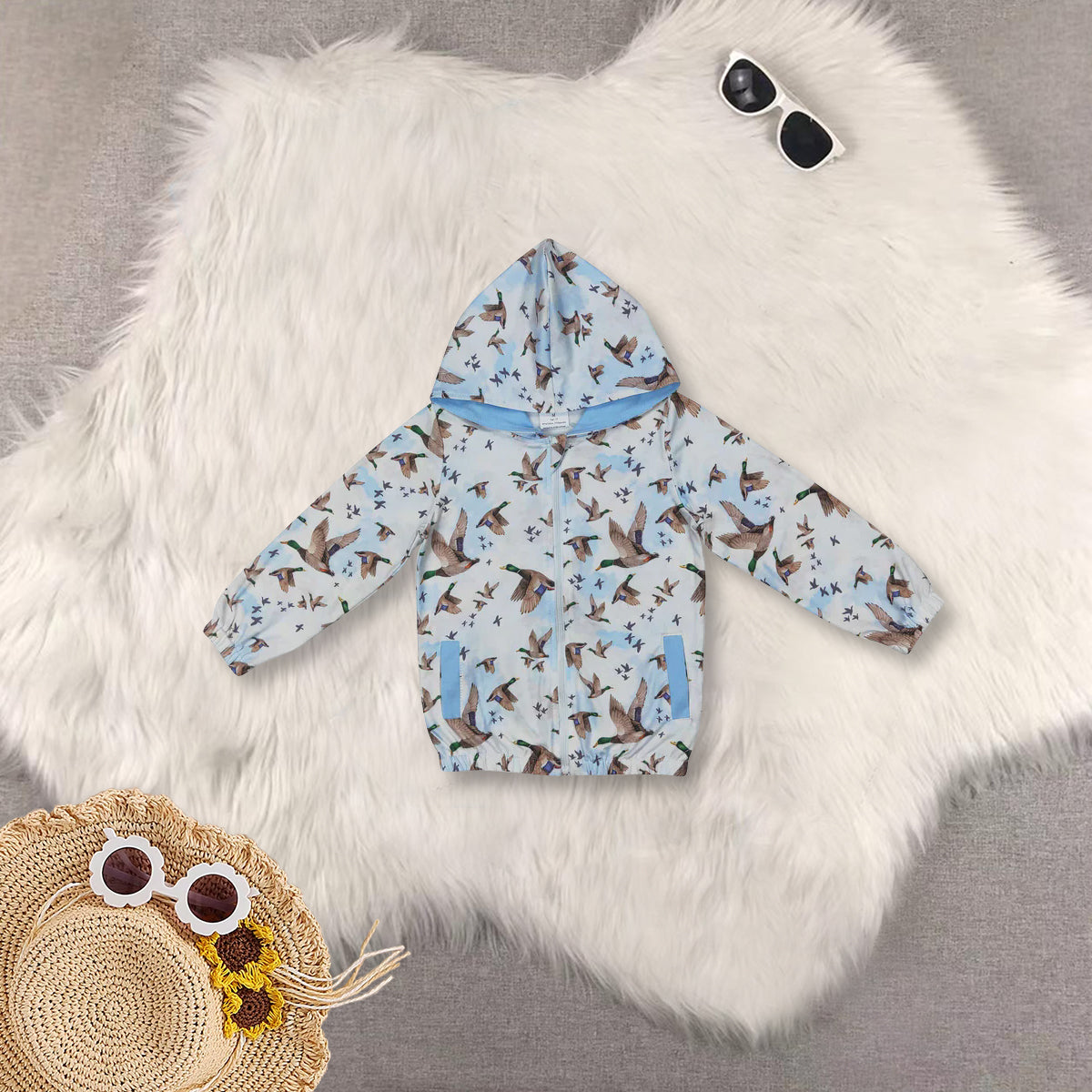 RTS NO MOQ Sibling baby girls clothes floral duck Hooded Zip-Up Long Sleeve Jacket
