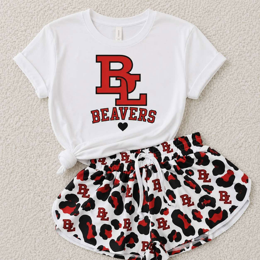 custom moq 5 mix size KABR0103 Baby Girls Letter Printed Short Sleeve Crew Neck Top Leopard Print Yoga Shorts Team Outfit Set