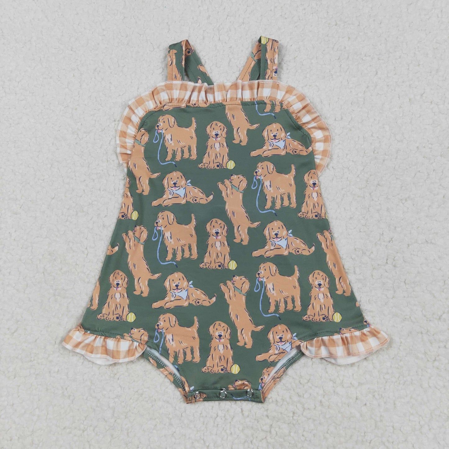 RTS NO MOQ SR2986 Puppy brown plaid lace bow green vest jumpsuit