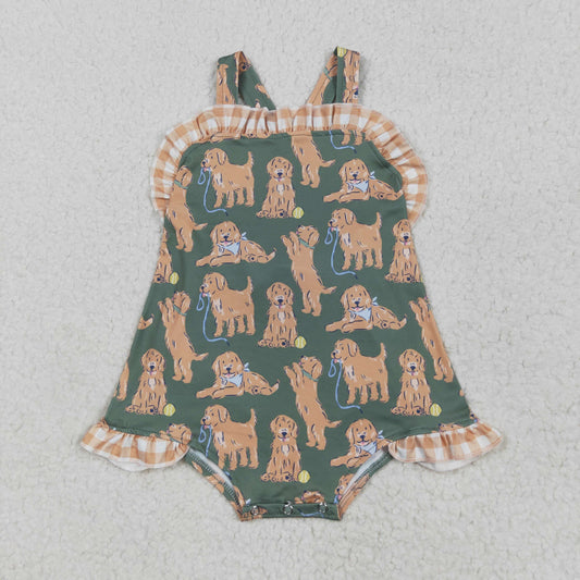 RTS NO MOQ SR2986 Puppy brown plaid lace bow green vest jumpsuit
