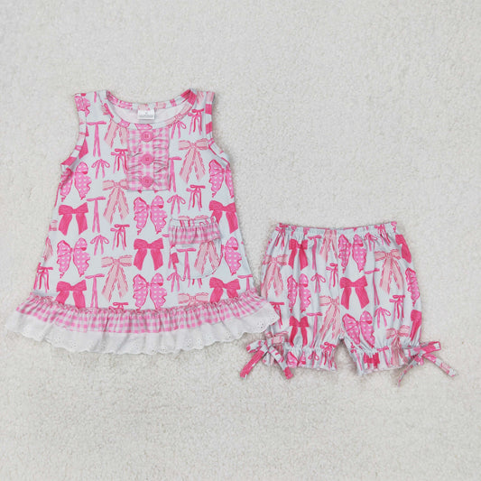 RTS NO MOQ ETA 5/7days Arrived GSSO2187 Pink bow pattern plaid lace sleeveless shorts set
