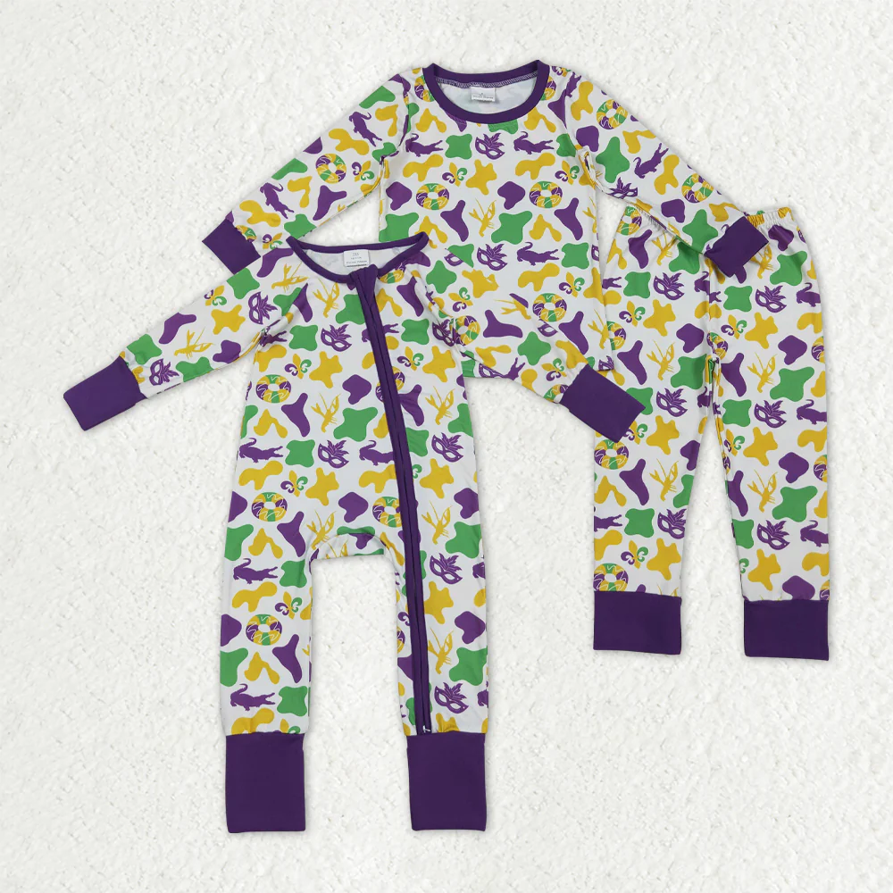 12/18m-7/8t RTS NO MOQ Sibling Baby boys clothes mardi gras long sleeve pants sets and rompers