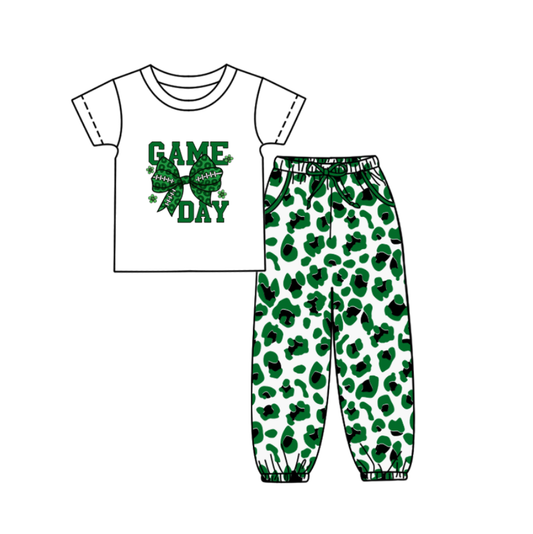 Custom summer teams baby boy clothes team GAME DAY bow green camouflage short sleeve pants sets-25.9.5