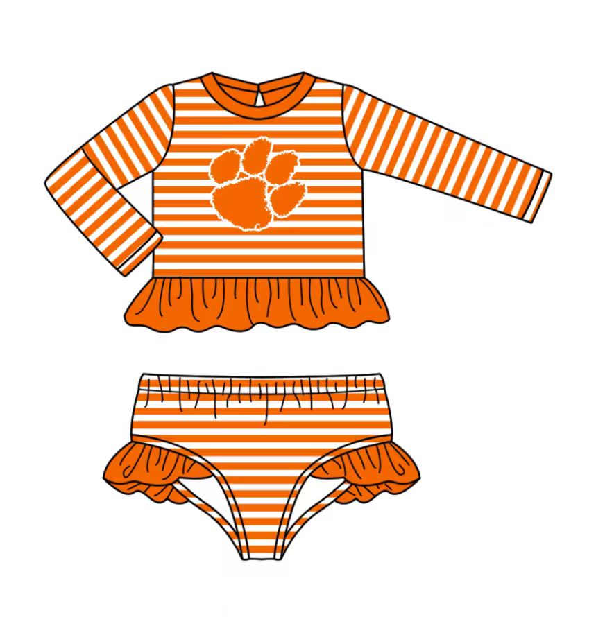 Custom moq 5 mix size milk silk summer teams baby girl clothes orange long sleeve swimsuit