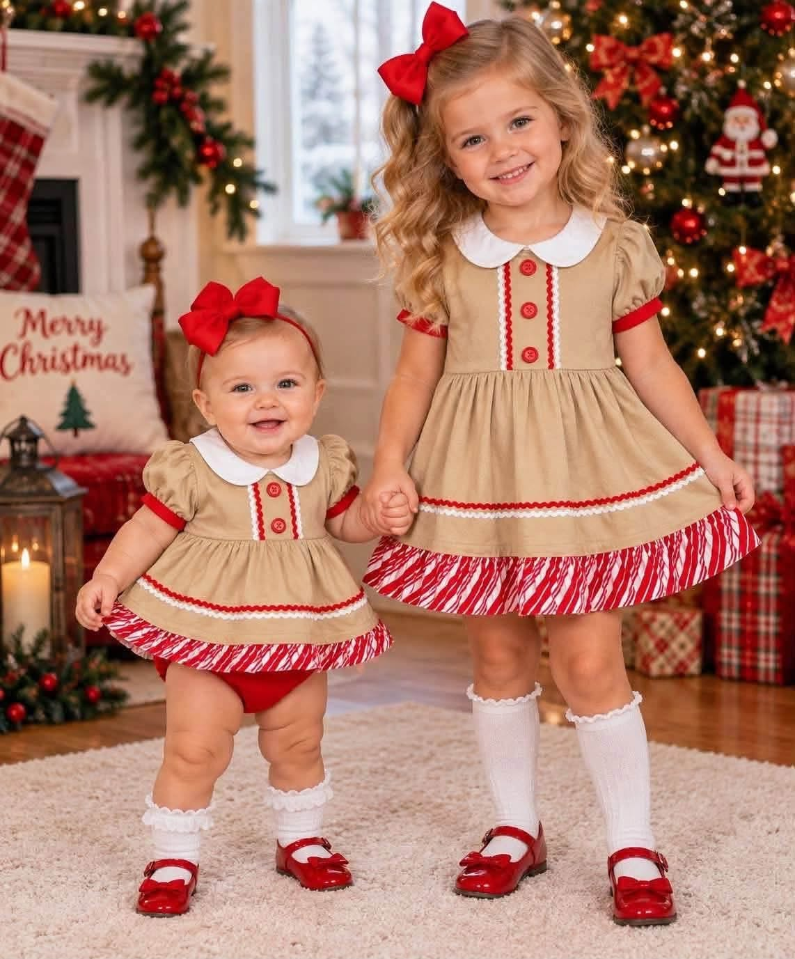 RTS NO MOQ Sibling milk silk Baby Girls Christmas Gingerbread Peter Pan Collar Matching Dress And Tunic Top Bummies Clothes Sets