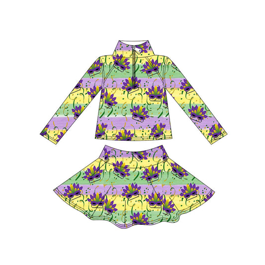Custom moq 5 mix size milk silk summer baby girls clothes mardi gras long sleeve skirts sets-25.11.7